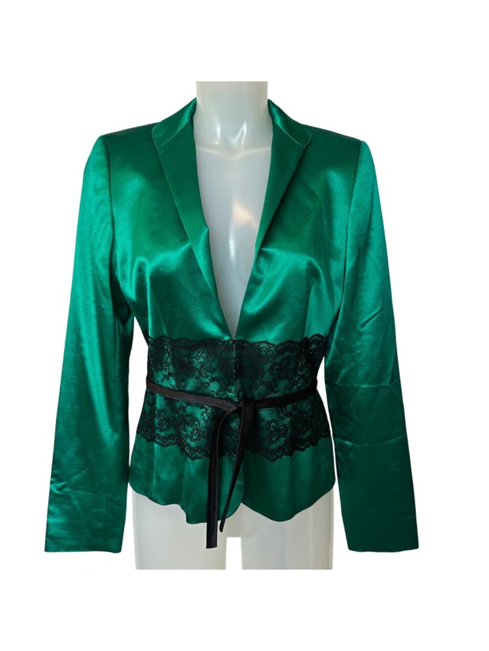 Escada Satin Kelly Green Blazer Womens Size 36 Black Lace Holiday Event Party